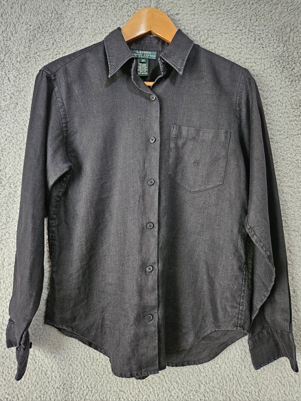 Lauren Ralph Lauren Black Linen Shirt 6P Button Up Long Sleeve Logo Women's